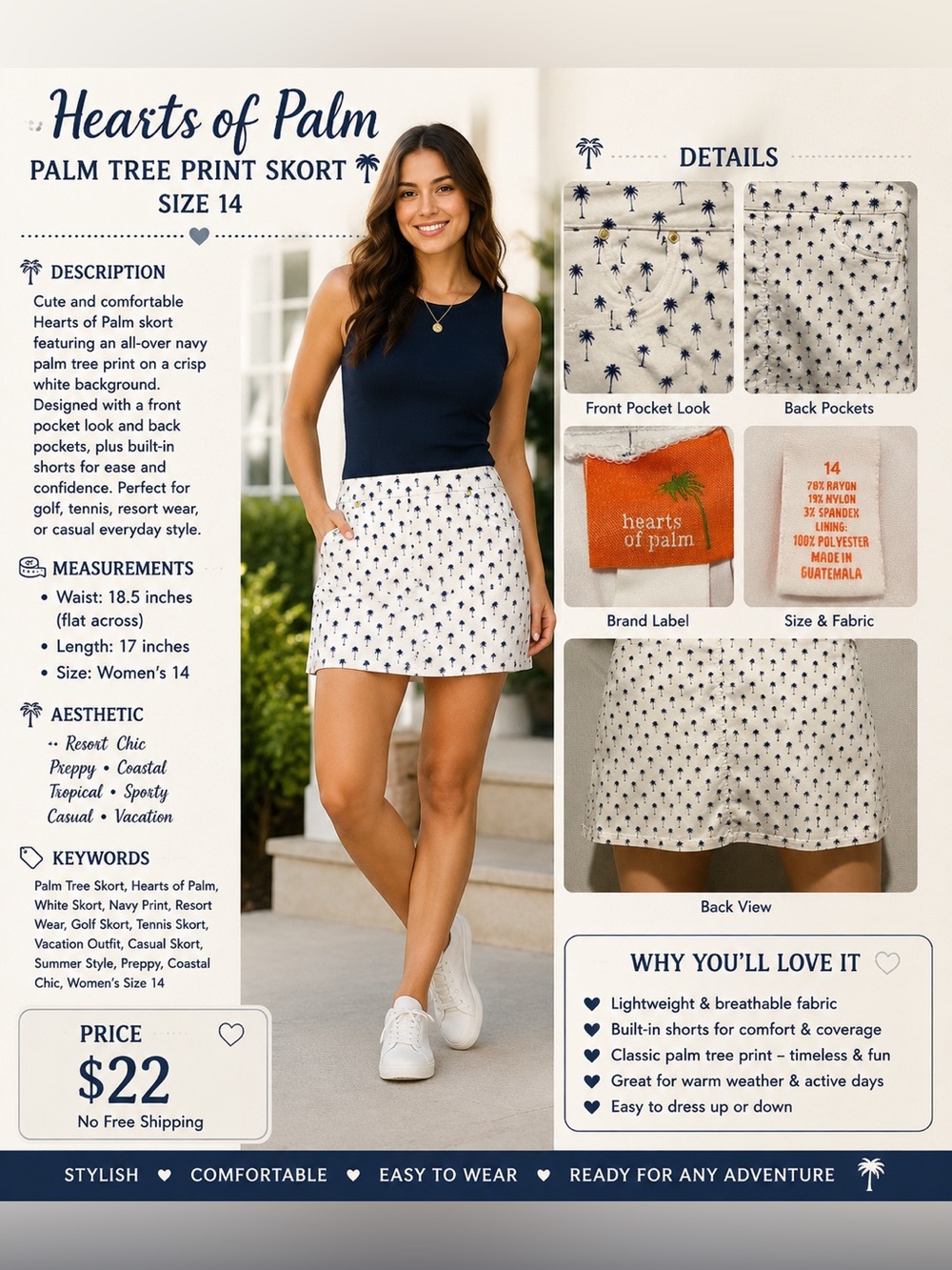 hearts of palm White Mini Skirt with Navy Palm Print